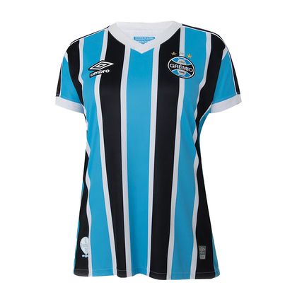 Camisa Umbro Grêmio 2023 I Sem Número Torcedora Tricolor Feminina AZUL/PRETO/BRANCO 2M