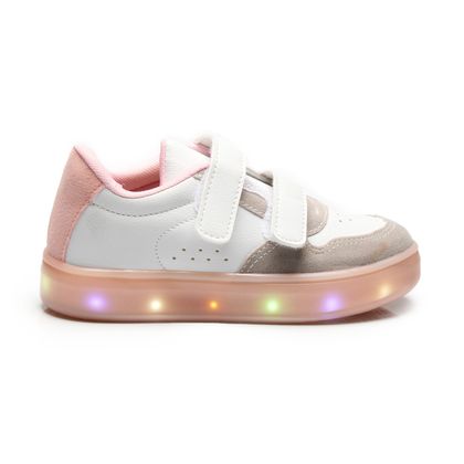 Tênis Infantil GSN kids Velcro e Led Branco e Rosa 25 Branco/Rosa