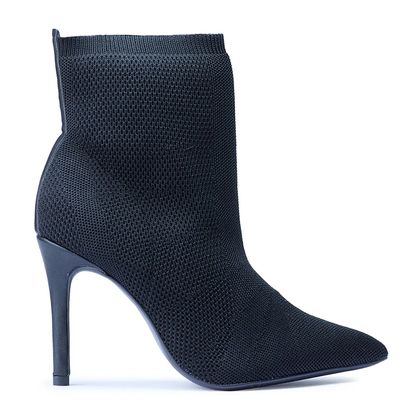 Bota Bebecê Ankle Boot Salto Alto e Bico Fino em Malha Knit Preta Feminina 37 Preto