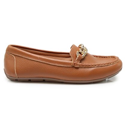 Sapato Mocassim Via Uno Couro e Corrente Feminino CAMEL 35