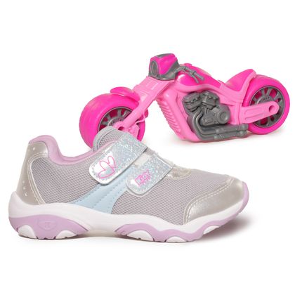 Tênis Prata Kidy Velcro Infantil + Brinde Moto Rosa PRATA/LILAS 25