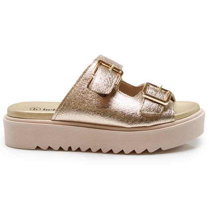 Tamanco Dourado Bebecê Flat Maxi Fivelas Feminino 34 Dourado